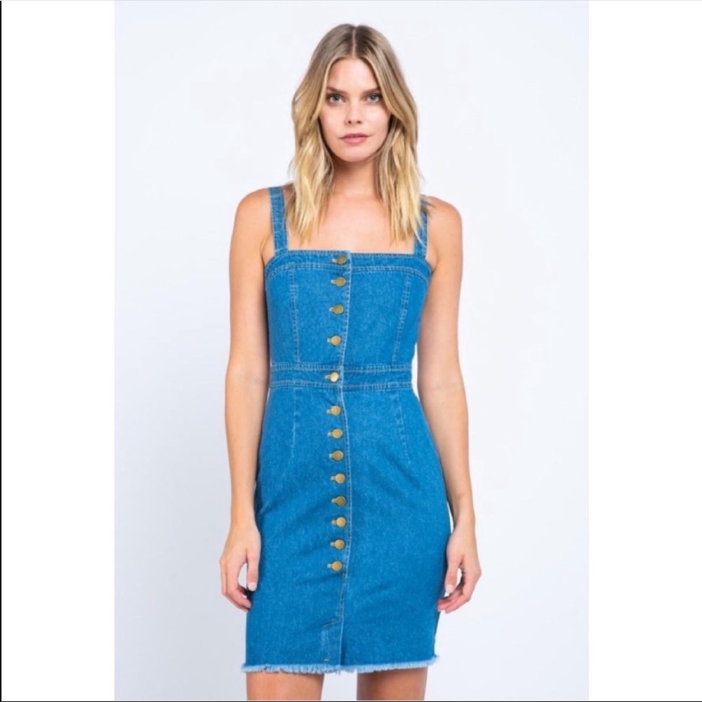 Denim Jean Button Up Pinafore Mini Dress